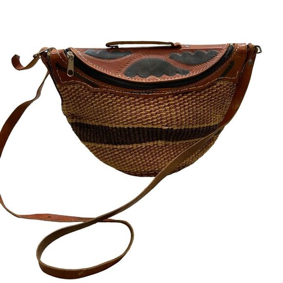 Vintage African Genuine Leather and Woven Purse Handbag - Picture 1 of 15